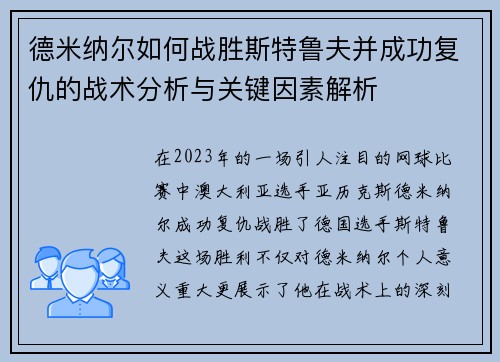 德米纳尔如何战胜斯特鲁夫并成功复仇的战术分析与关键因素解析